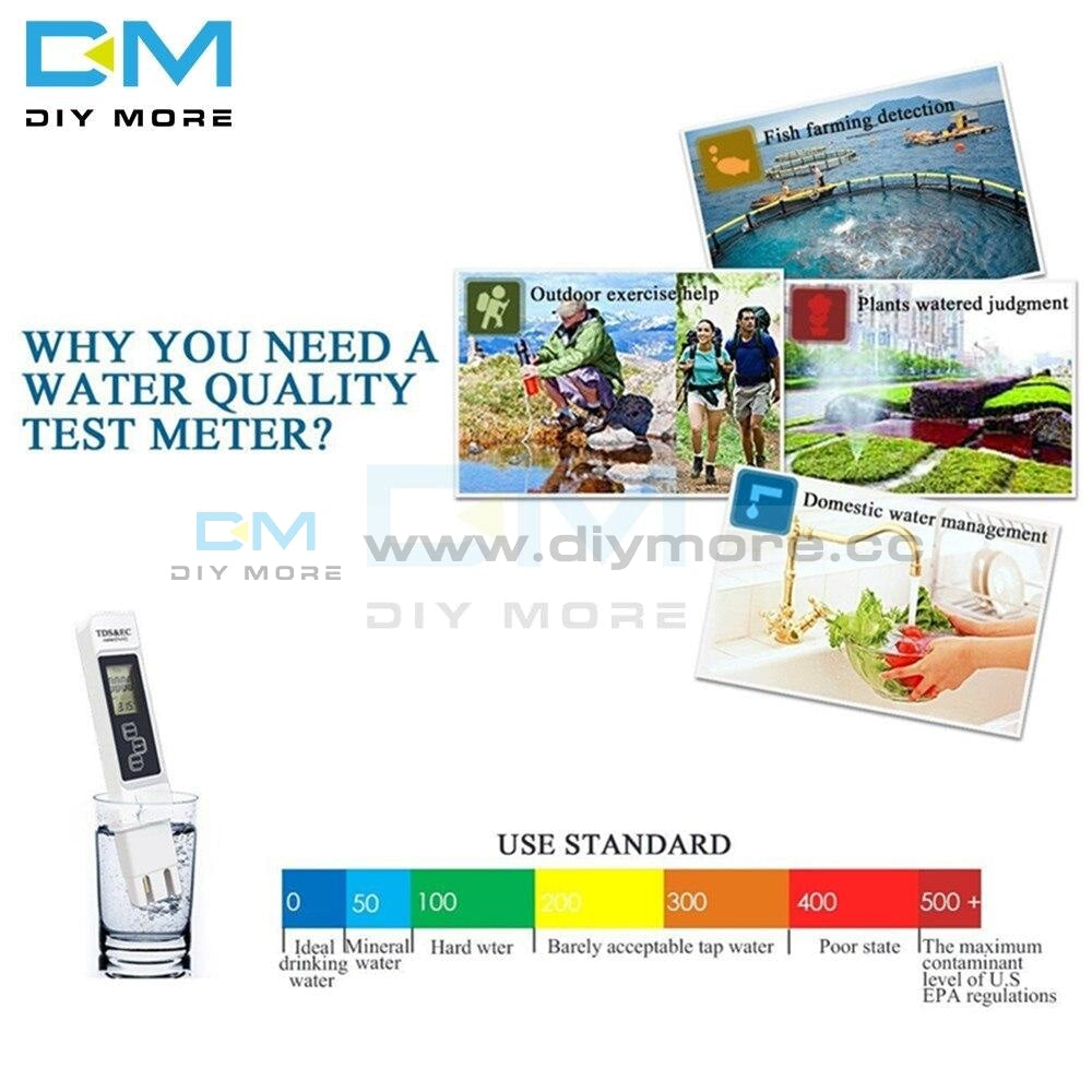 Digital Tds Ec Meter Water Qality Tester Testing Pen Analyzer Purity For Drink Pool Aquarium